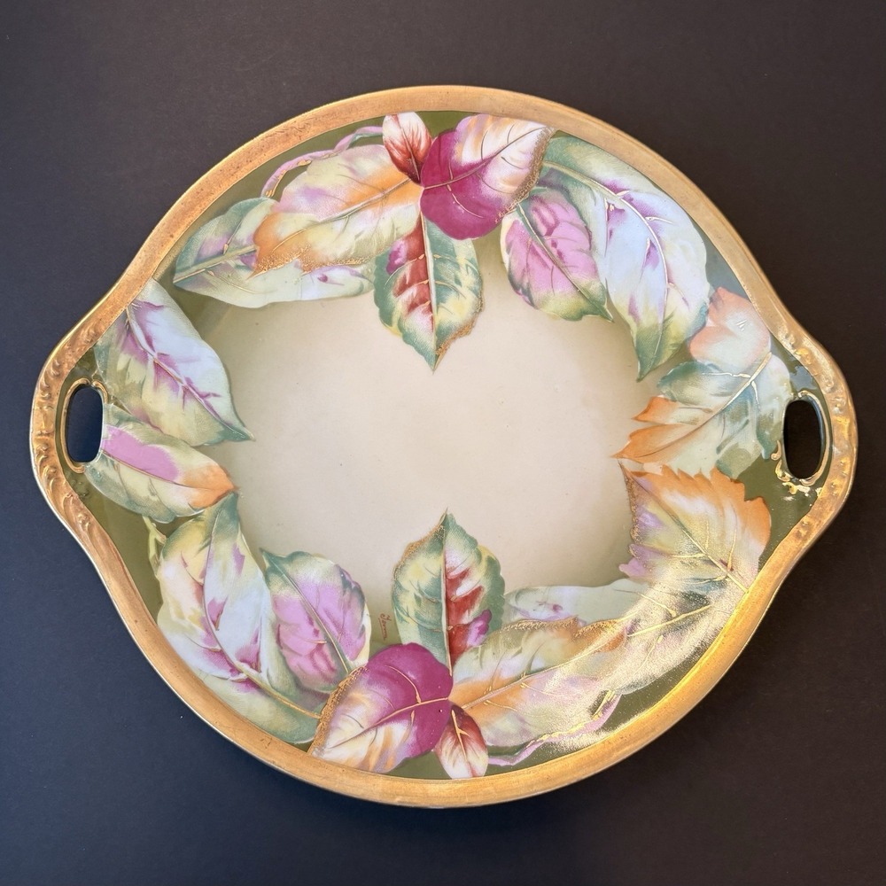 Vintage Royal Austria O&E.G. Cake Plate Autumn Leaves Hand Painted‎ Gold Trim